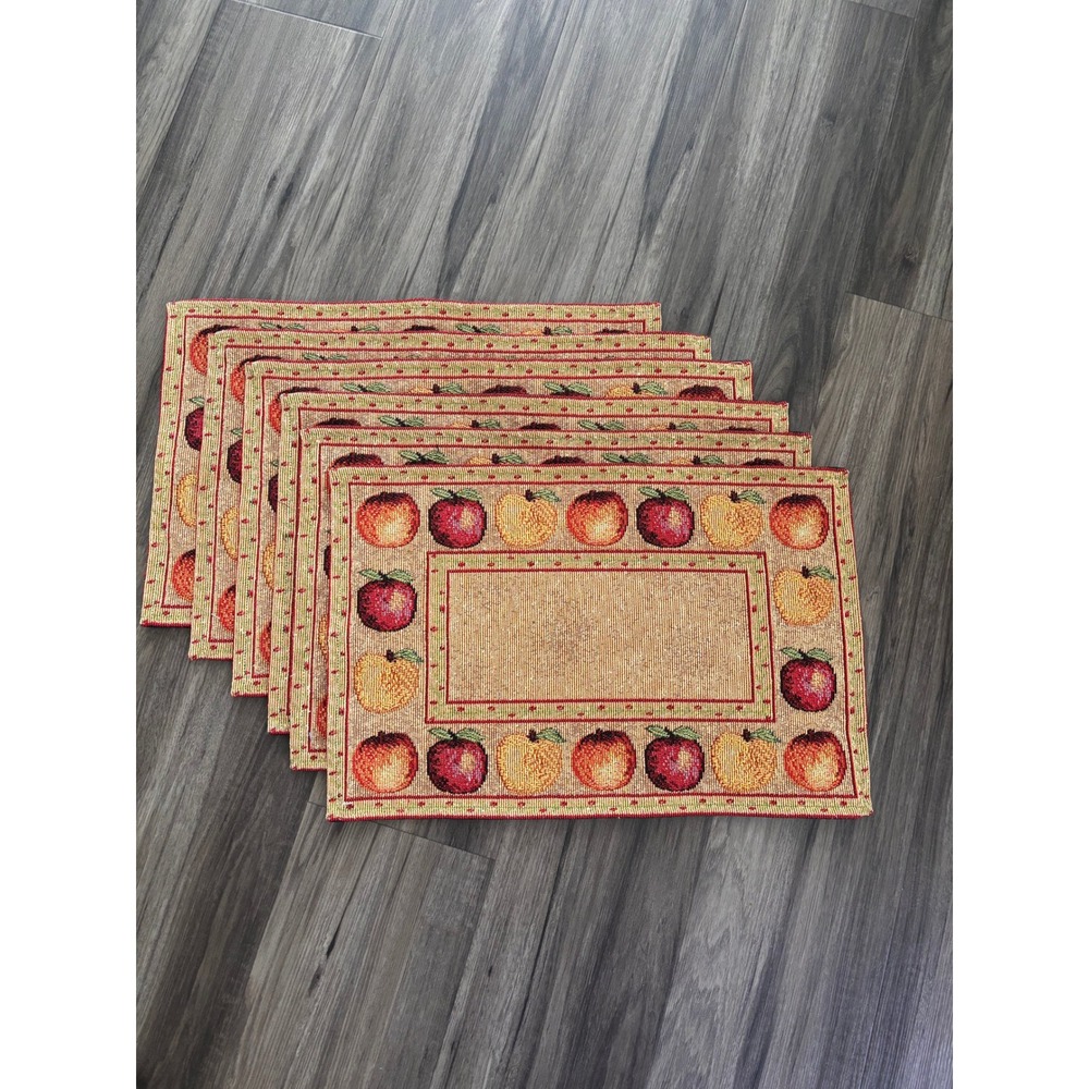 Apple Orchard Farmhouse Woven Tapestry Placemats Set of 6 Red Yellow Vintage